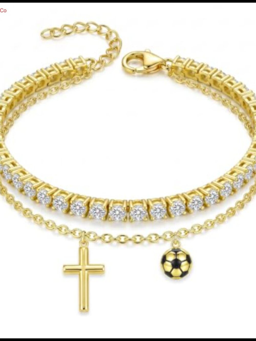 14K Gold Tennis Bracelet Cross Soccer Charm Adjustable Women